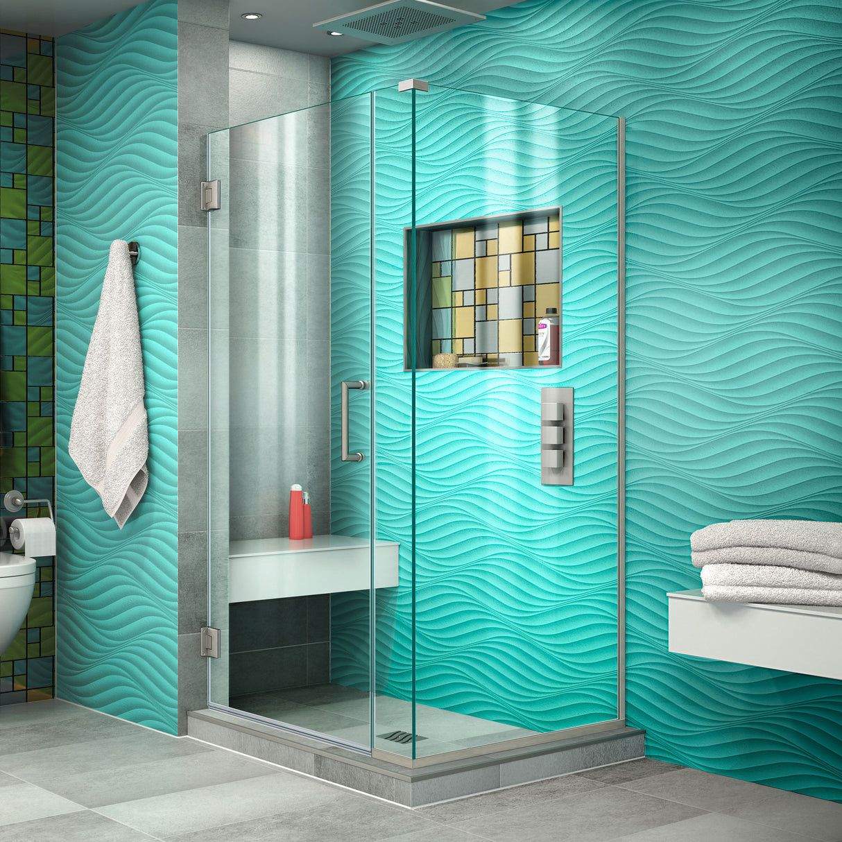 DreamLine Unidoor Plus 30 in. W x 34 3/8 in. D x 72 in. H Frameless Hinged Shower Enclosure in Brushed Nickel