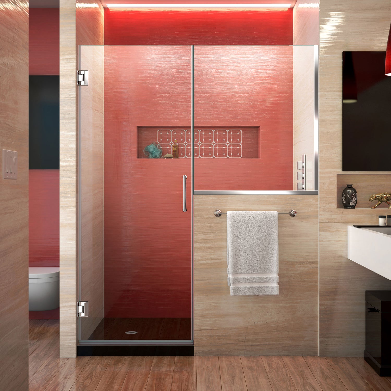 DreamLine Unidoor Plus 58-58 1/2 in. W x 72 in. H Frameless Hinged Shower Door with 34 in. Half Panel in Chrome