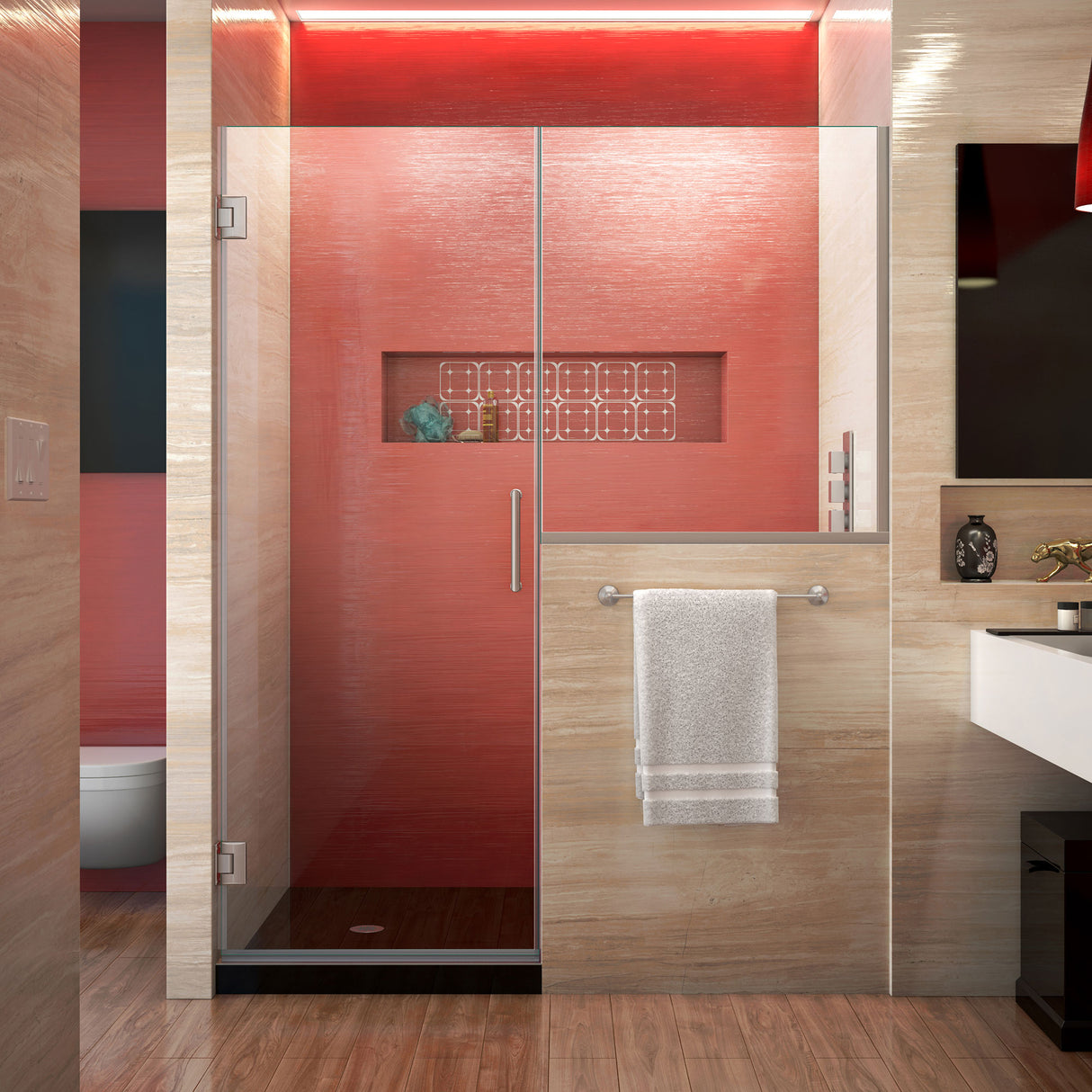 DreamLine Unidoor Plus 57-57 1/2 in. W x 72 in. H Frameless Hinged Shower Door with 34 in. Half Panel in Brushed Nickel