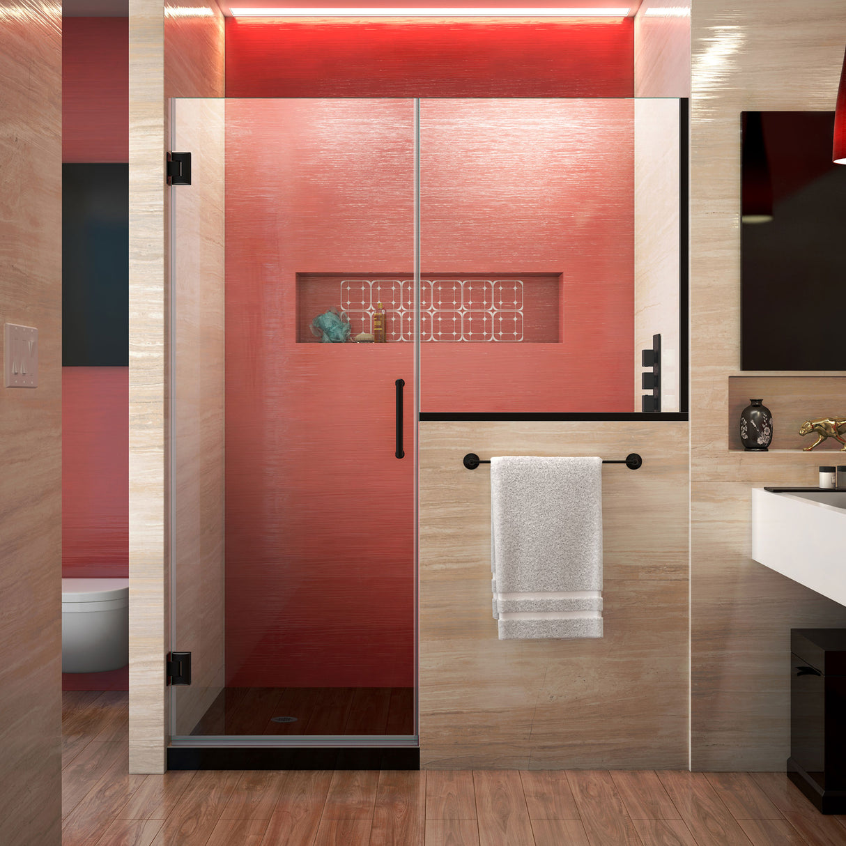 DreamLine Unidoor Plus 57-57 1/2 in. W x 72 in. H Frameless Hinged Shower Door with 36 in. Half Panel in Satin Black