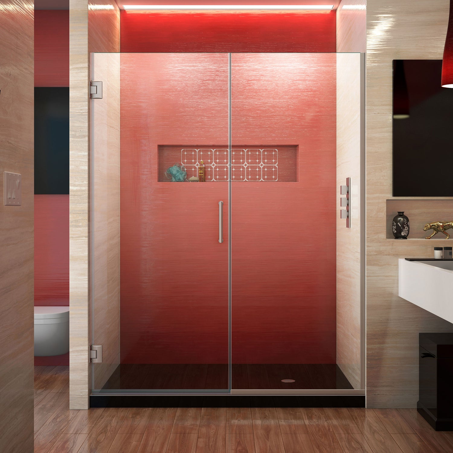 DreamLine Unidoor Plus 57-57 1/2 in. W x 72 in. H Frameless Hinged Shower Door in Brushed Nickel