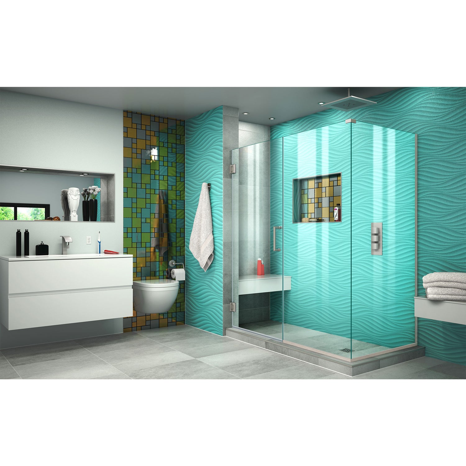 DreamLine Unidoor Plus 56 in. W x 34 3/8 in. D x 72 in. H Frameless Hinged Shower Enclosure in Brushed Nickel