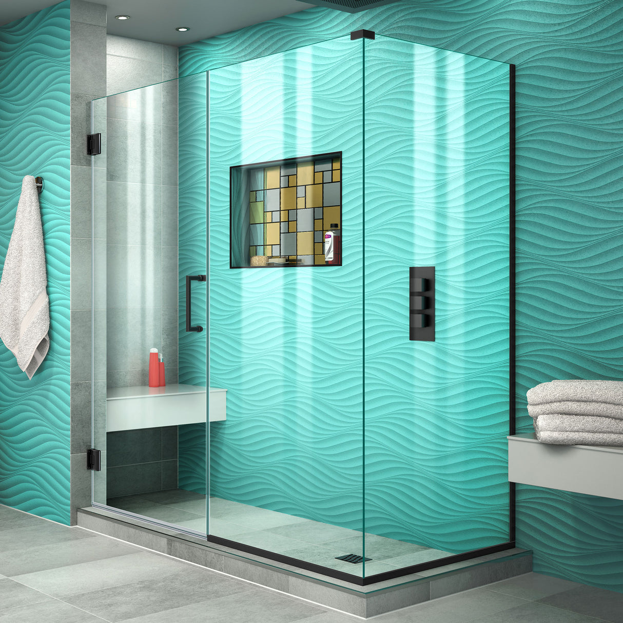 DreamLine Unidoor Plus 57 in. W x 34 3/8 in. D x 72 in. H Frameless Hinged Shower Enclosure in Satin Black