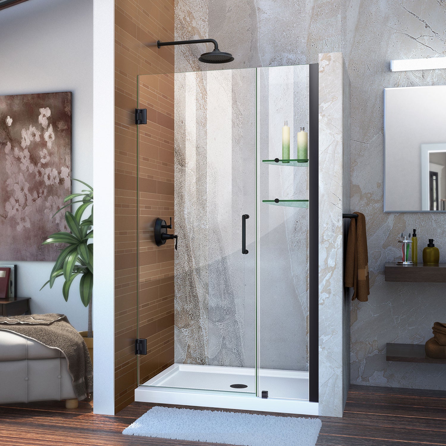 DreamLine Unidoor 39-40 in. W x 72 in. H Frameless Hinged Shower Door with Shelves in Satin Black