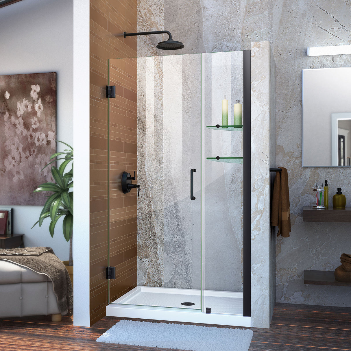 DreamLine Unidoor 40-41 in. W x 72 in. H Frameless Hinged Shower Door with Shelves in Satin Black