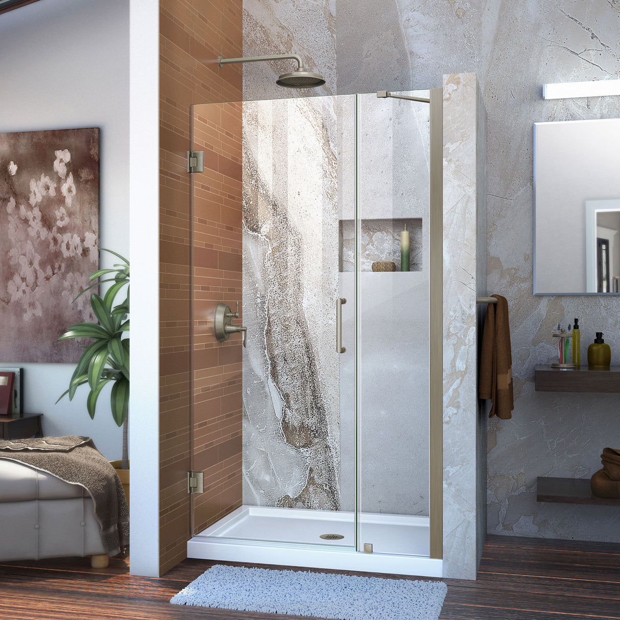 DreamLine Unidoor 41-42 in. W x 72 in. H Frameless Hinged Shower Door with Support Arm in Brushed Nickel