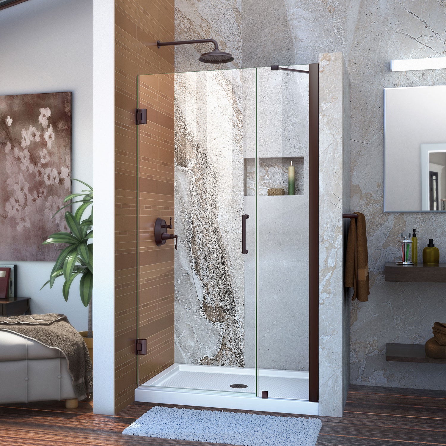 DreamLine Unidoor 36-37 in. W x 72 in. H Frameless Hinged Shower Door with Support Arm in Oil Rubbed Bronze