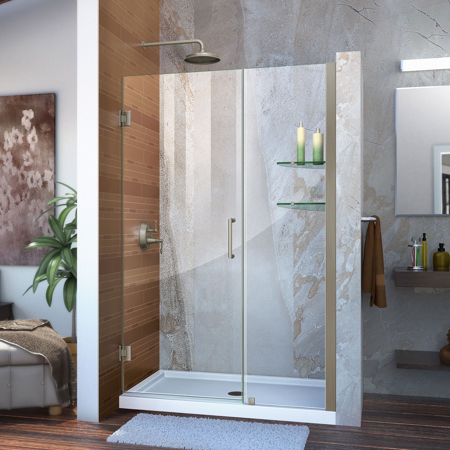DreamLine Unidoor 42-43 in. W x 72 in. H Frameless Hinged Shower Door with Shelves in Brushed Nickel