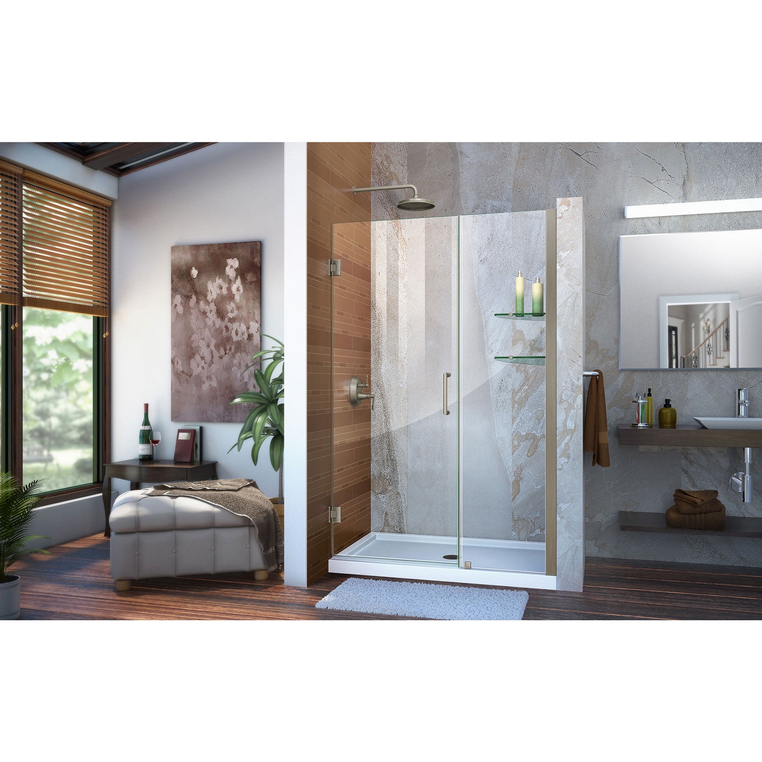 DreamLine Unidoor 43-44 in. W x 72 in. H Frameless Hinged Shower Door with Shelves in Brushed Nickel