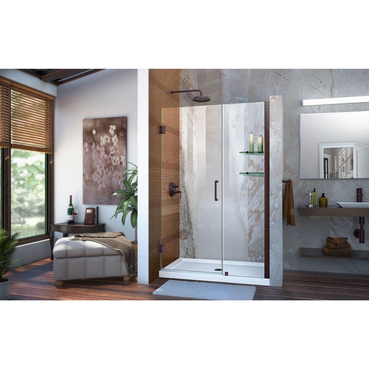 DreamLine Unidoor 47-48 in. W x 72 in. H Frameless Hinged Shower Door with Shelves in Oil Rubbed Bronze