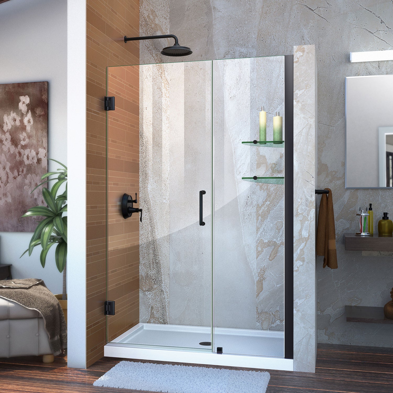 DreamLine Unidoor 42-43 in. W x 72 in. H Frameless Hinged Shower Door with Shelves in Satin Black