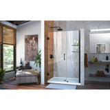 DreamLine Unidoor 48-49 in. W x 72 in. H Frameless Hinged Shower Door with Shelves in Satin Black