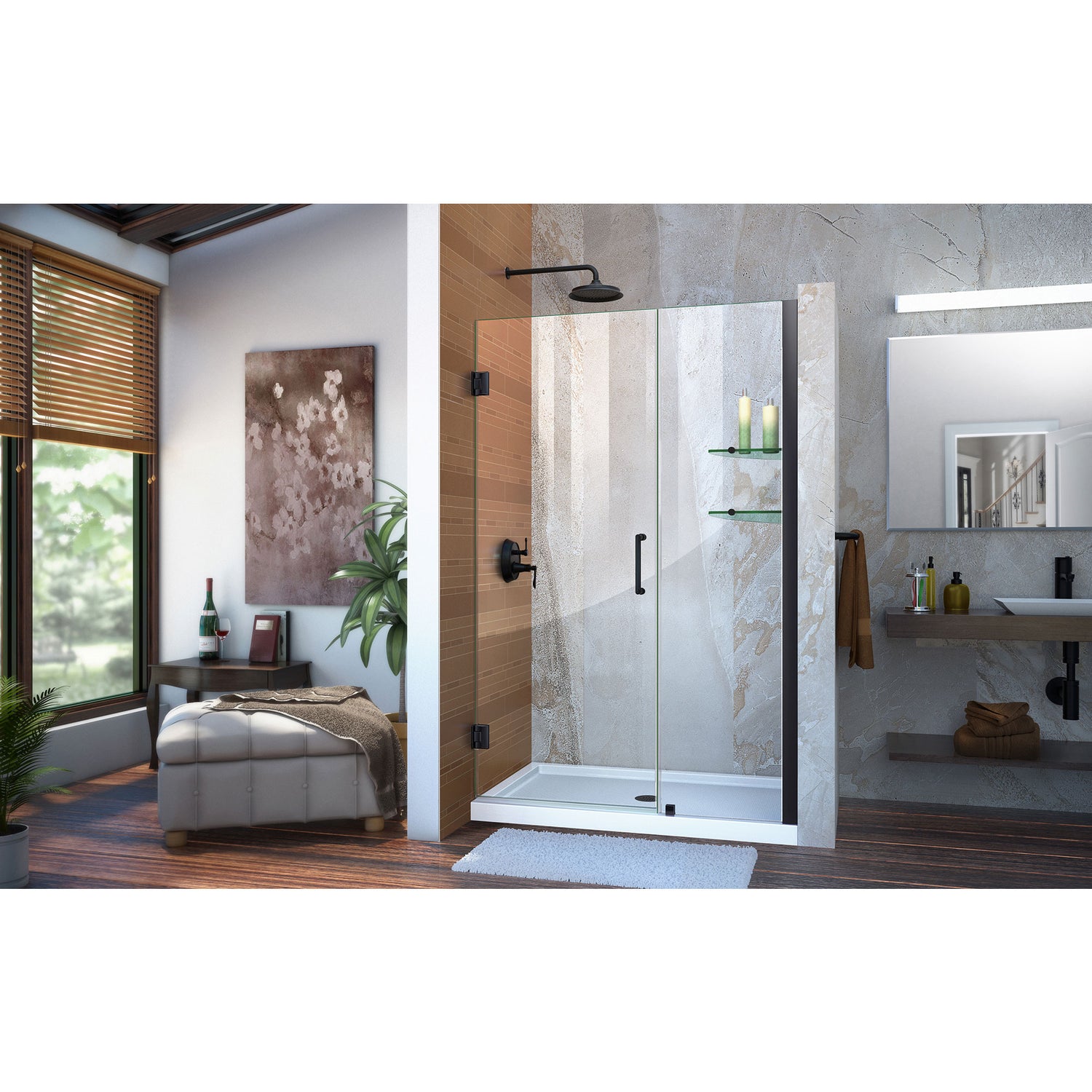 DreamLine Unidoor 44-45 in. W x 72 in. H Frameless Hinged Shower Door with Shelves in Satin Black