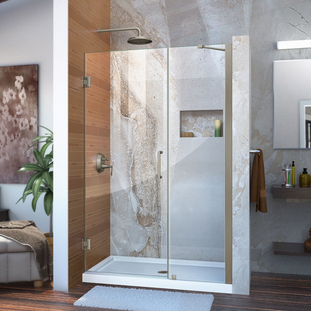 DreamLine Unidoor 43-44 in. W x 72 in. H Frameless Hinged Shower Door with Support Arm in Brushed Nickel