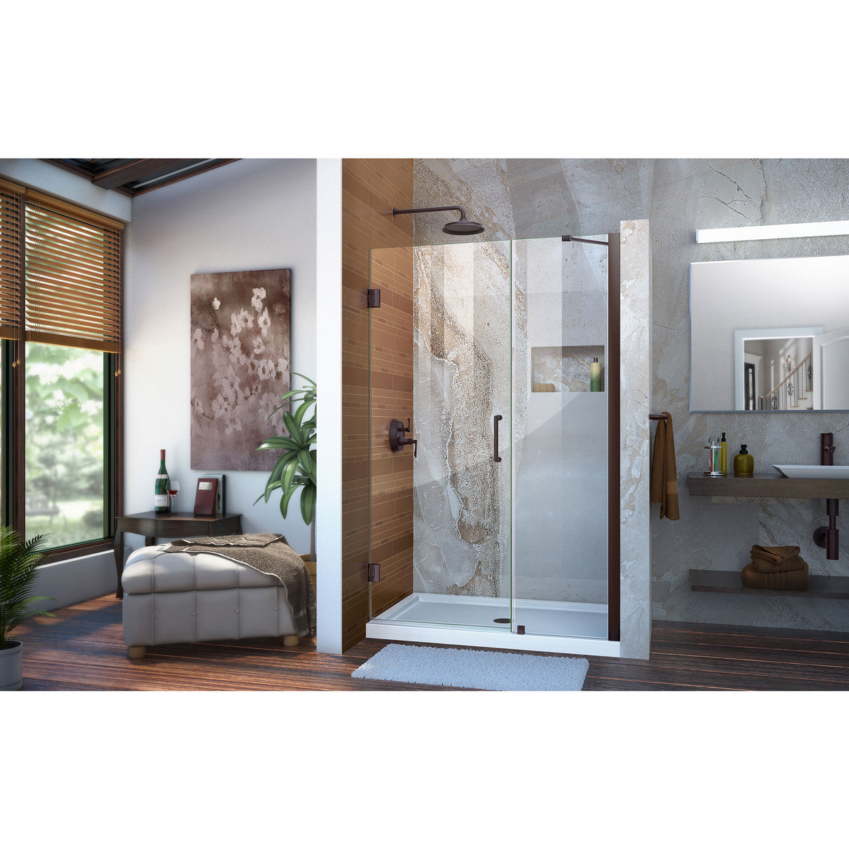 DreamLine Unidoor 43-44 in. W x 72 in. H Frameless Hinged Shower Door with Support Arm in Oil Rubbed Bronze