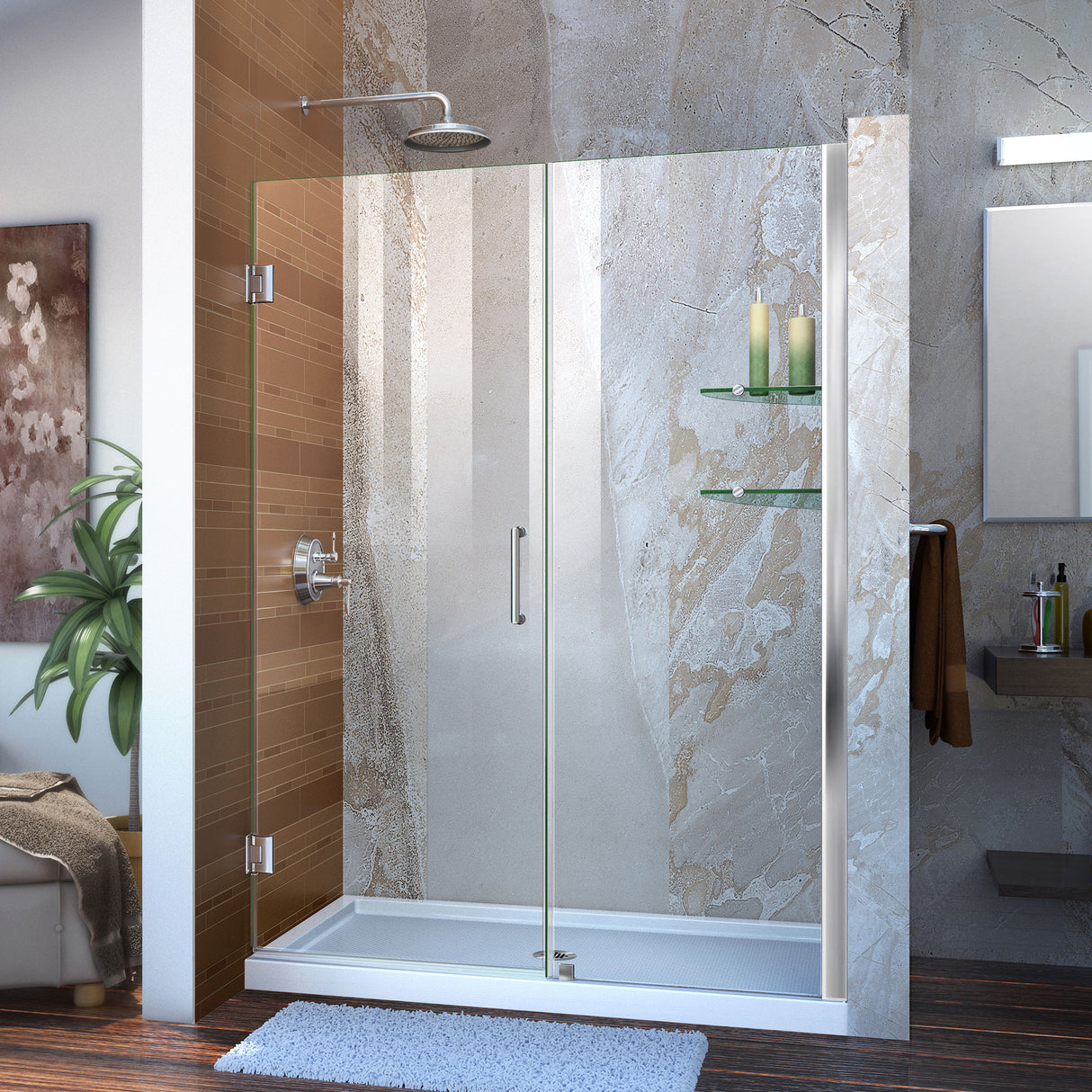 DreamLine Unidoor 54-55 in. W x 72 in. H Frameless Hinged Shower Door with Shelves in Chrome