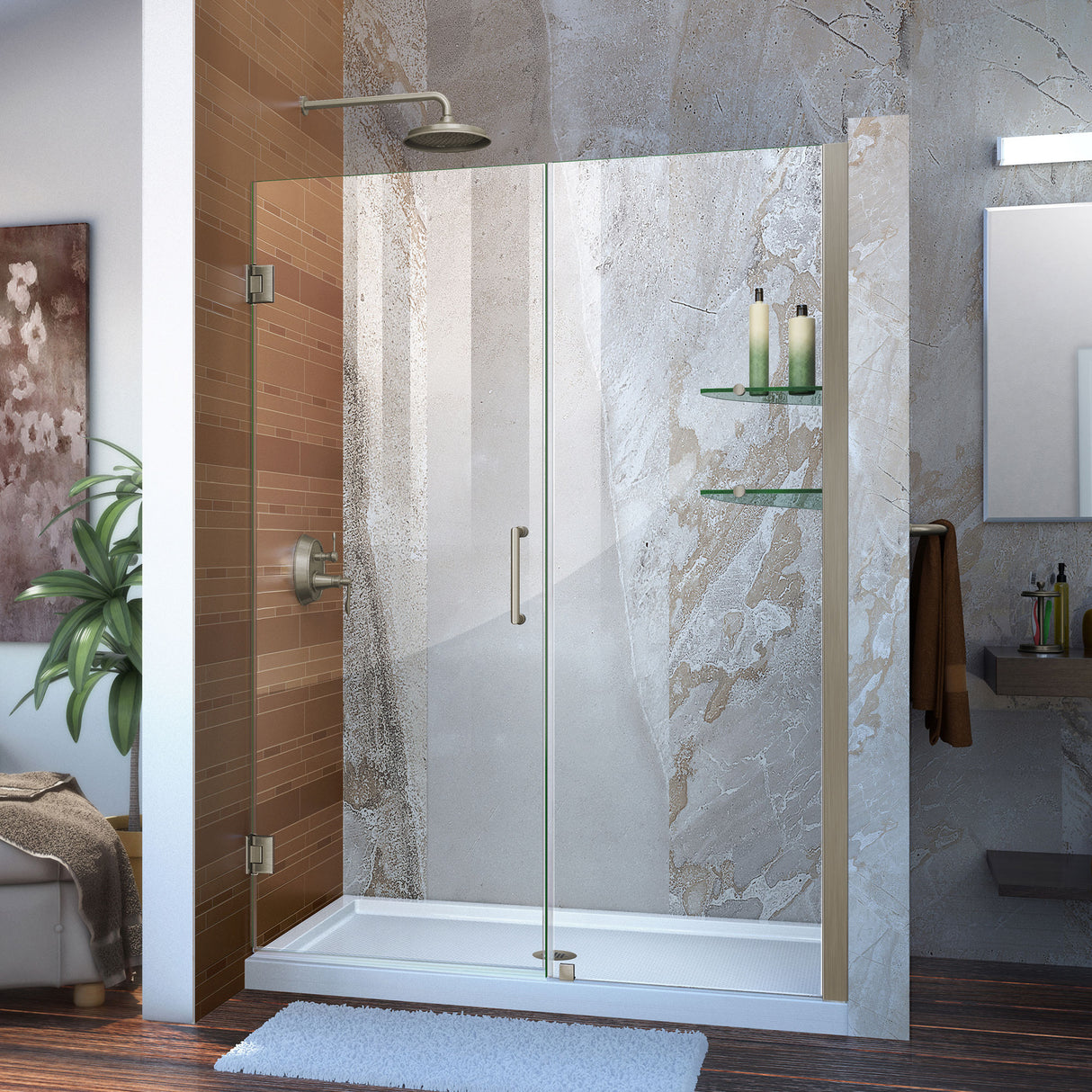 DreamLine Unidoor 48-49 in. W x 72 in. H Frameless Hinged Shower Door with Shelves in Brushed Nickel