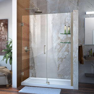 DreamLine Unidoor 48-49 in. W x 72 in. H Frameless Hinged Shower Door with Shelves in Brushed Nickel
