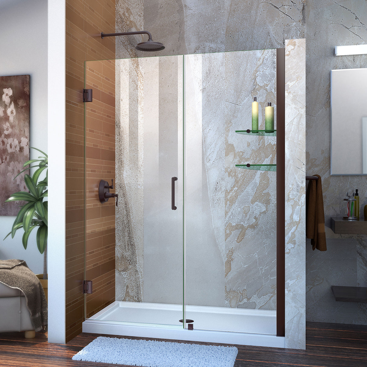 DreamLine Unidoor 54-55 in. W x 72 in. H Frameless Hinged Shower Door with Shelves in Oil Rubbed Bronze