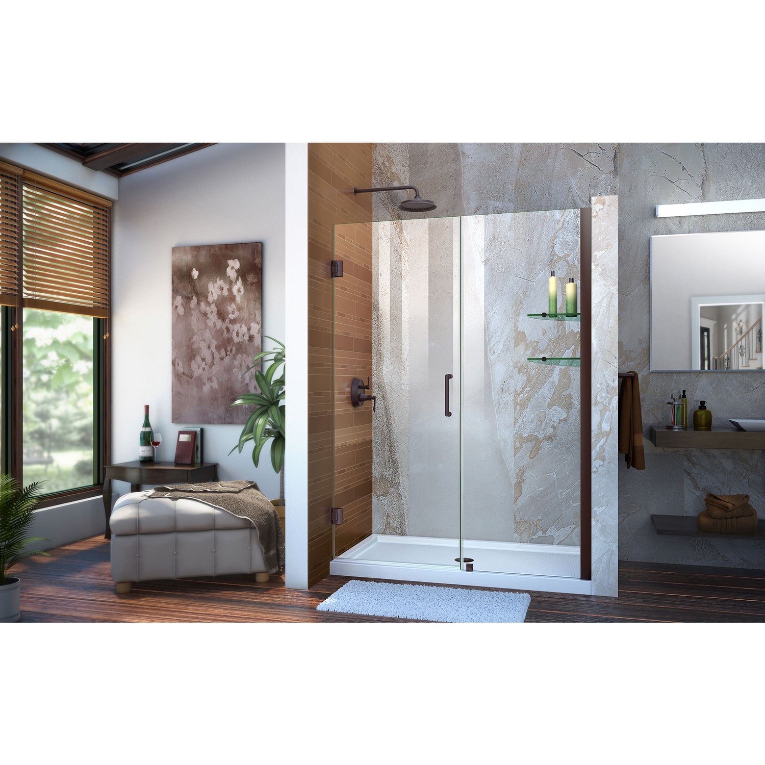 DreamLine Unidoor 52-53 in. W x 72 in. H Frameless Hinged Shower Door with Shelves in Oil Rubbed Bronze