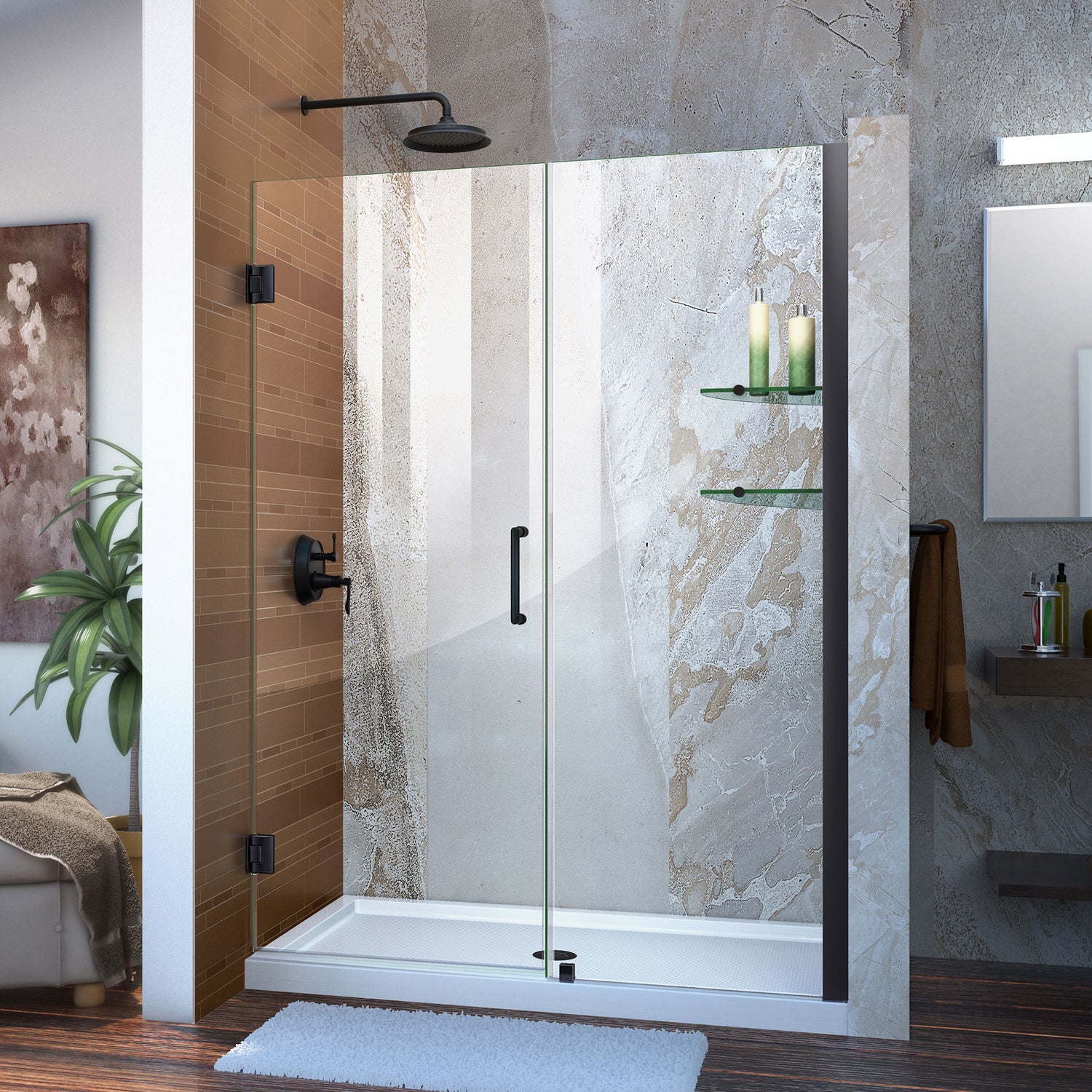 DreamLine Unidoor 54-55 in. W x 72 in. H Frameless Hinged Shower Door with Shelves in Satin Black
