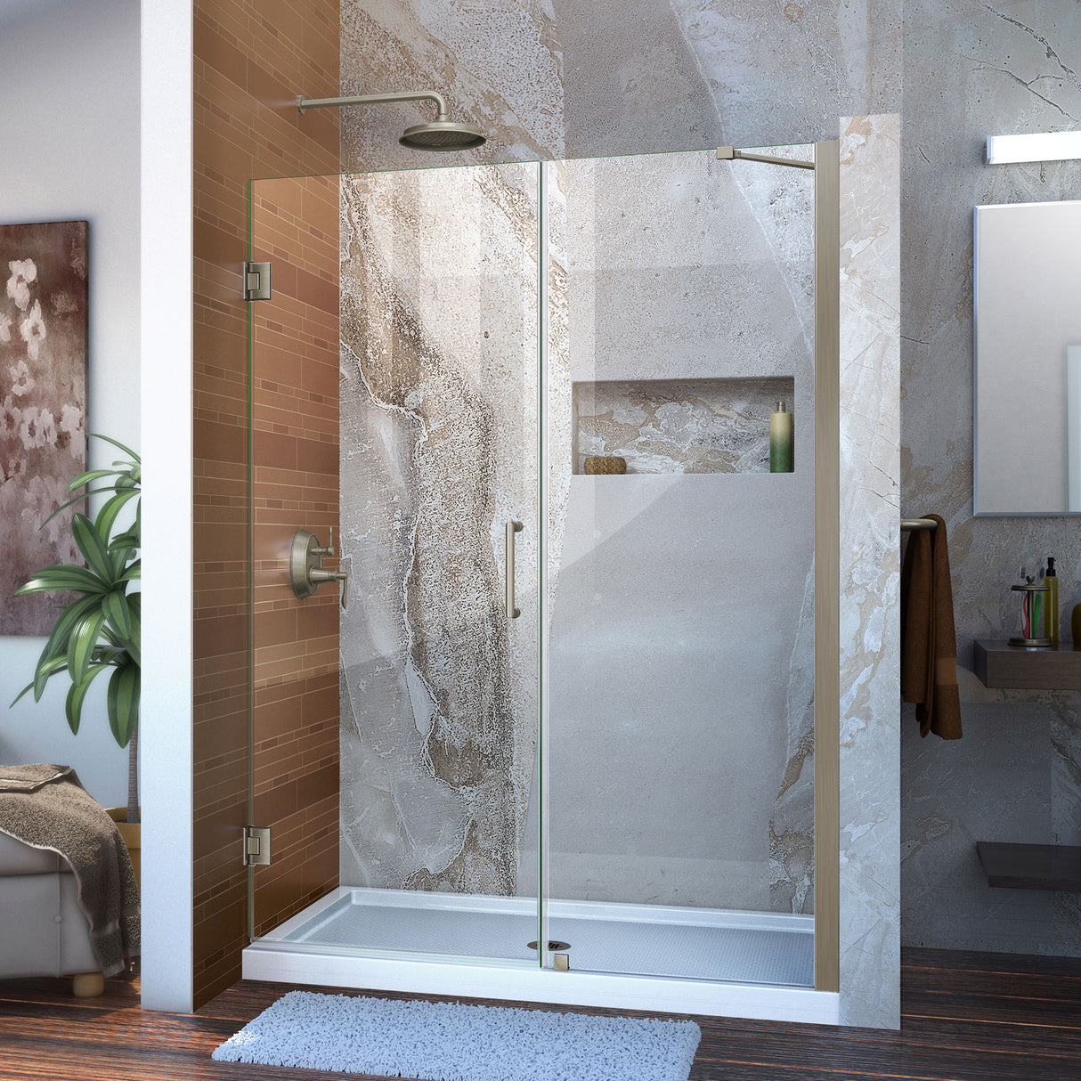 DreamLine Unidoor 51-52 in. W x 72 in. H Frameless Hinged Shower Door with Support Arm in Brushed Nickel
