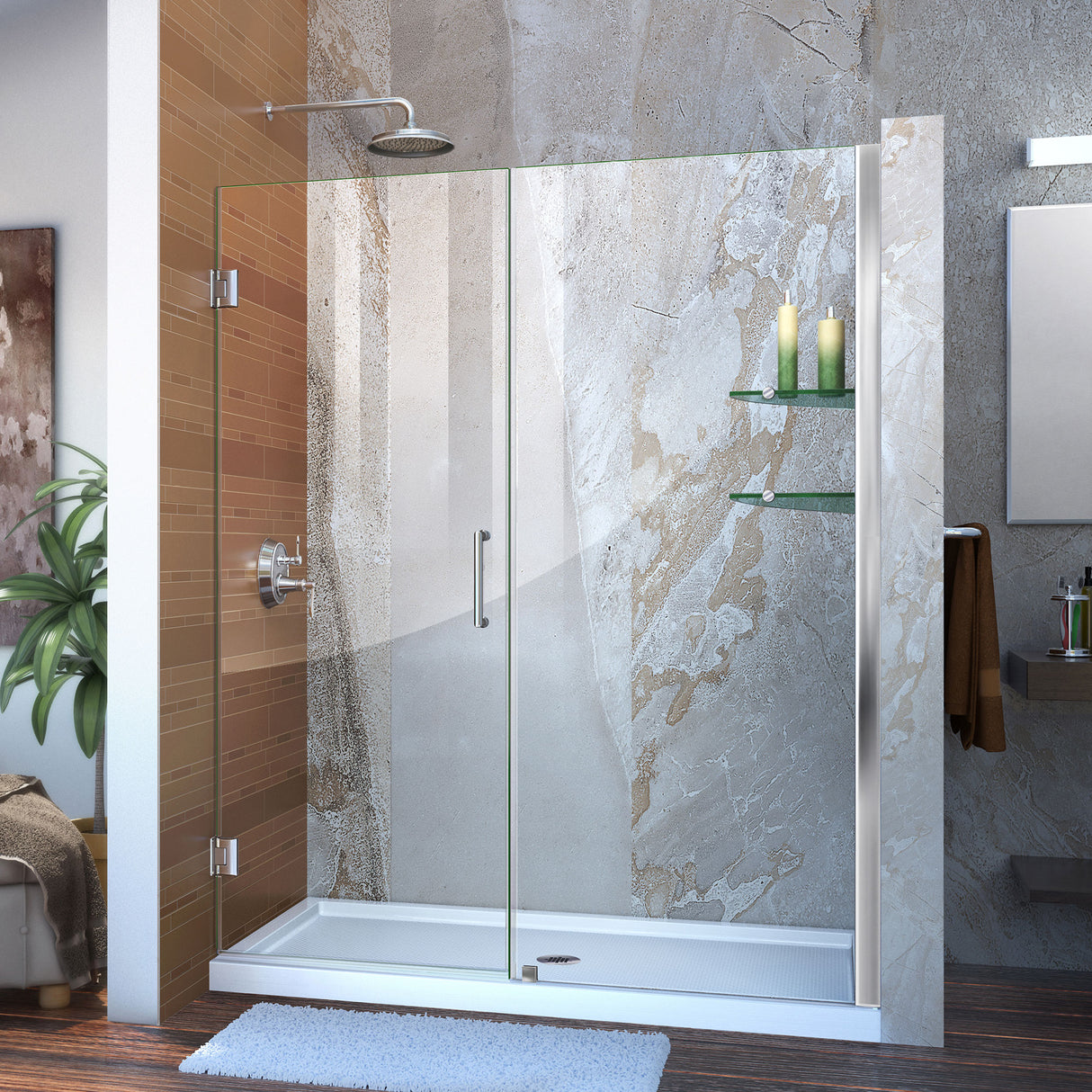 DreamLine Unidoor 56-57 in. W x 72 in. H Frameless Hinged Shower Door with Shelves in Chrome