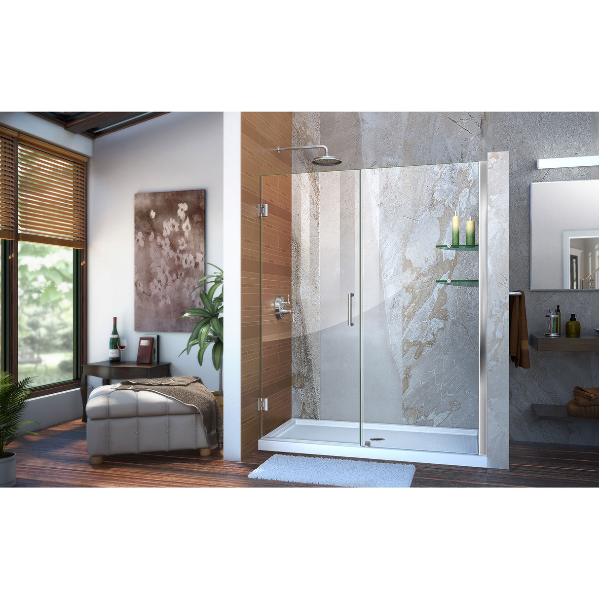 DreamLine Unidoor 55-56 in. W x 72 in. H Frameless Hinged Shower Door with Shelves in Chrome