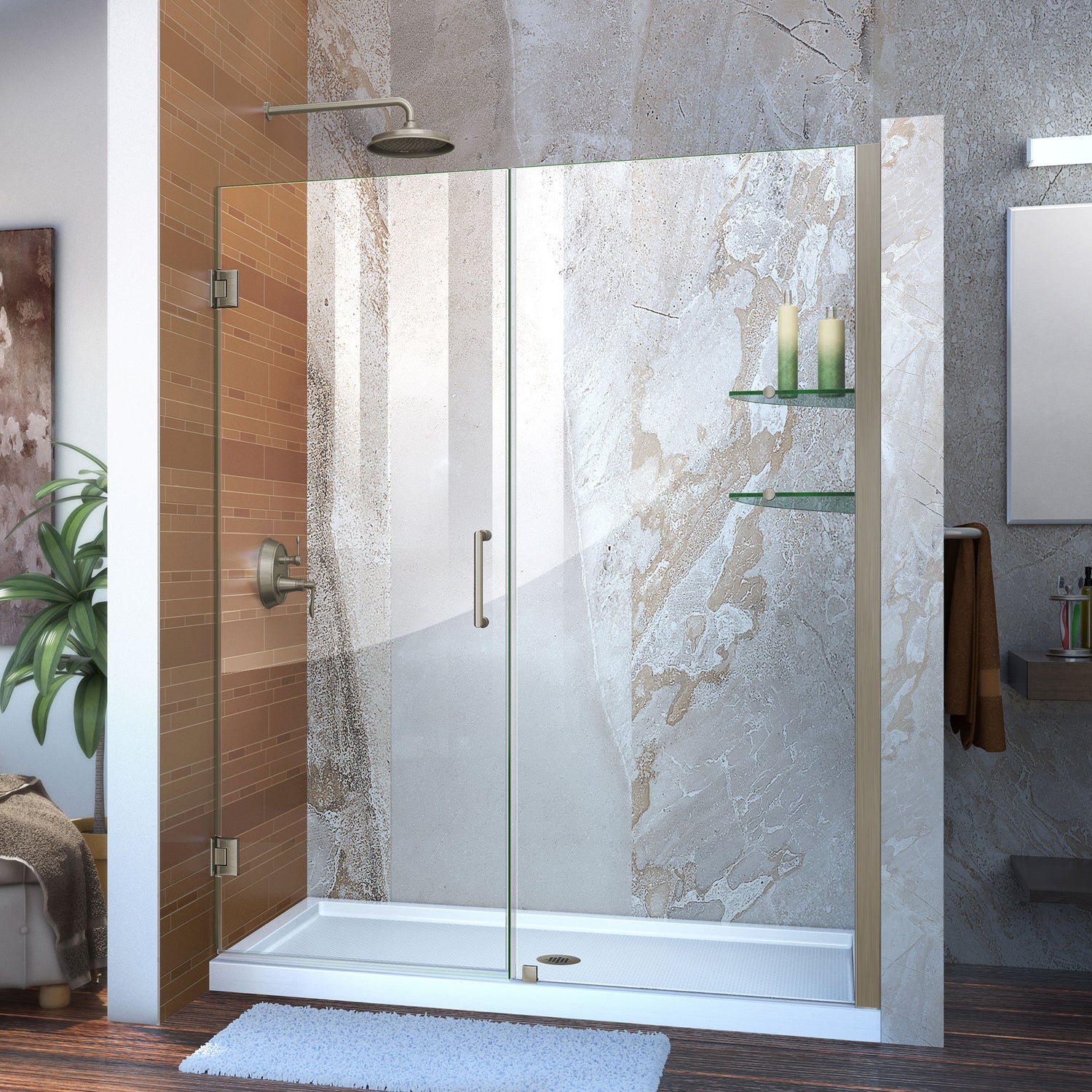 DreamLine Unidoor 54-55 in. W x 72 in. H Frameless Hinged Shower Door with Shelves in Brushed Nickel