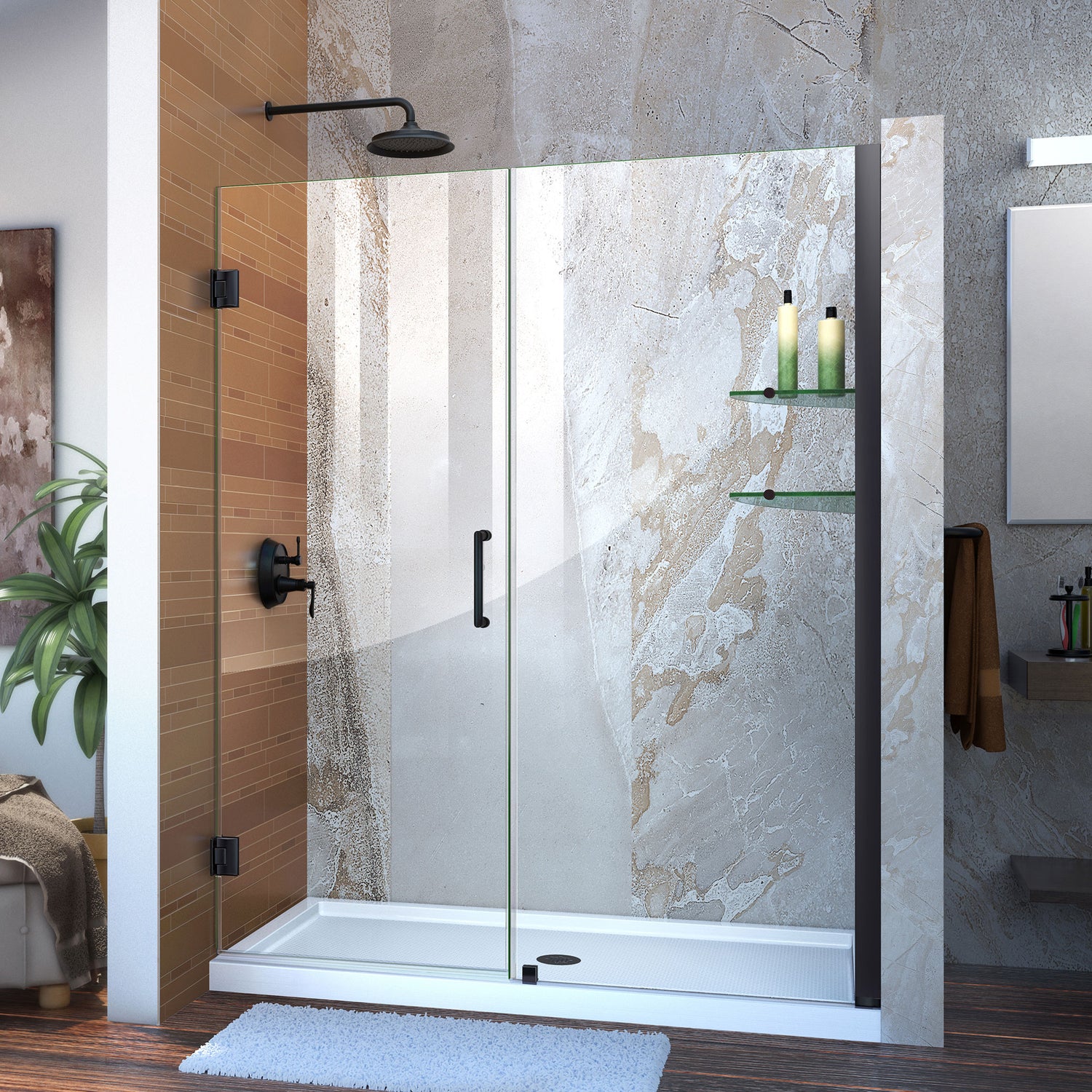 DreamLine Unidoor 57-58 in. W x 72 in. H Frameless Hinged Shower Door with Shelves in Satin Black