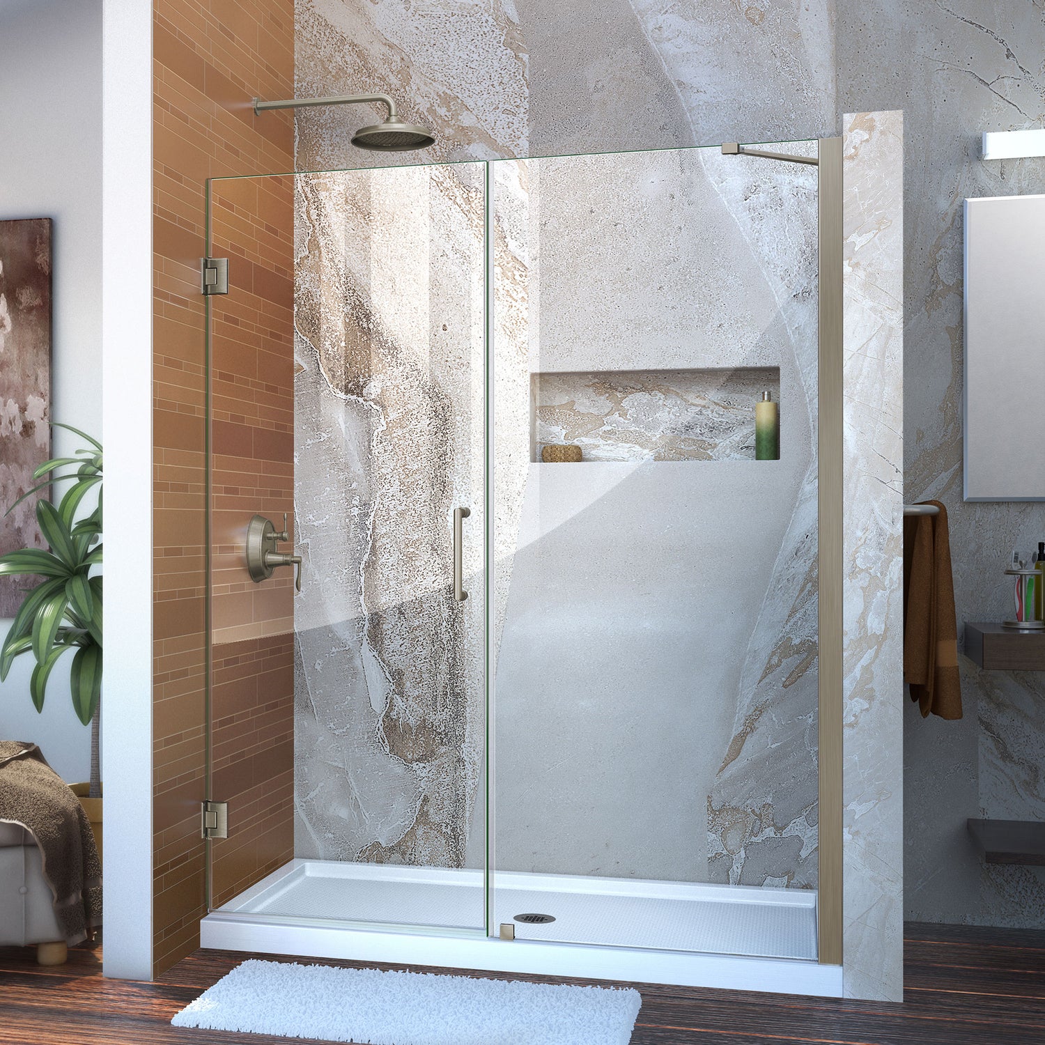 DreamLine Unidoor 58-59 in. W x 72 in. H Frameless Hinged Shower Door with Support Arm in Brushed Nickel
