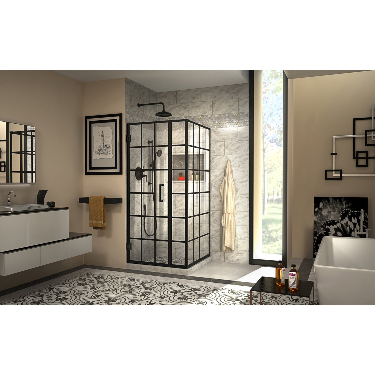 DreamLine Unidoor Toulon 34 in. D x 34 in. W x 72 in. H Frameless Hinged Shower Enclosure in Satin Black