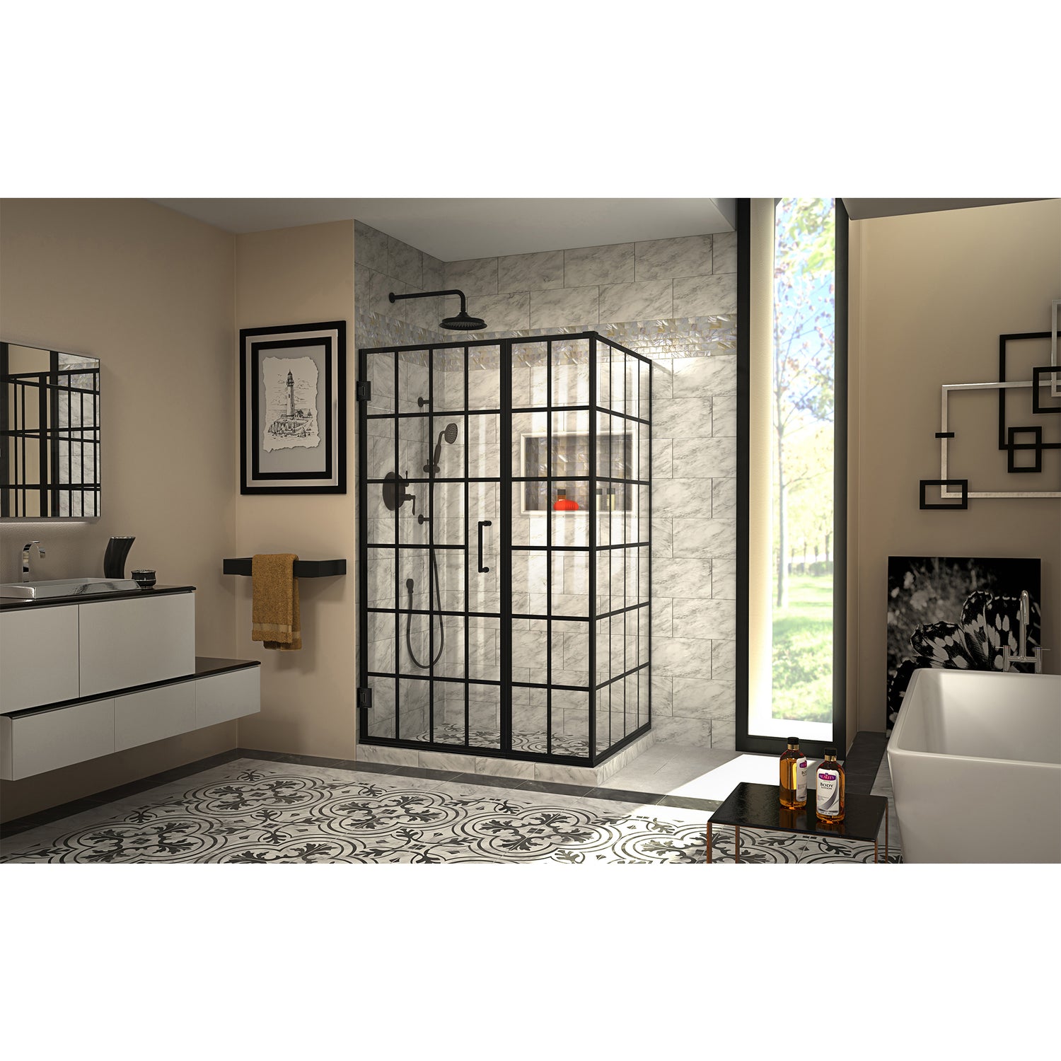 DreamLine Unidoor Toulon 34 in. D x 46 in. W x 72 in. H Frameless Hinged Shower Enclosure in Satin Black