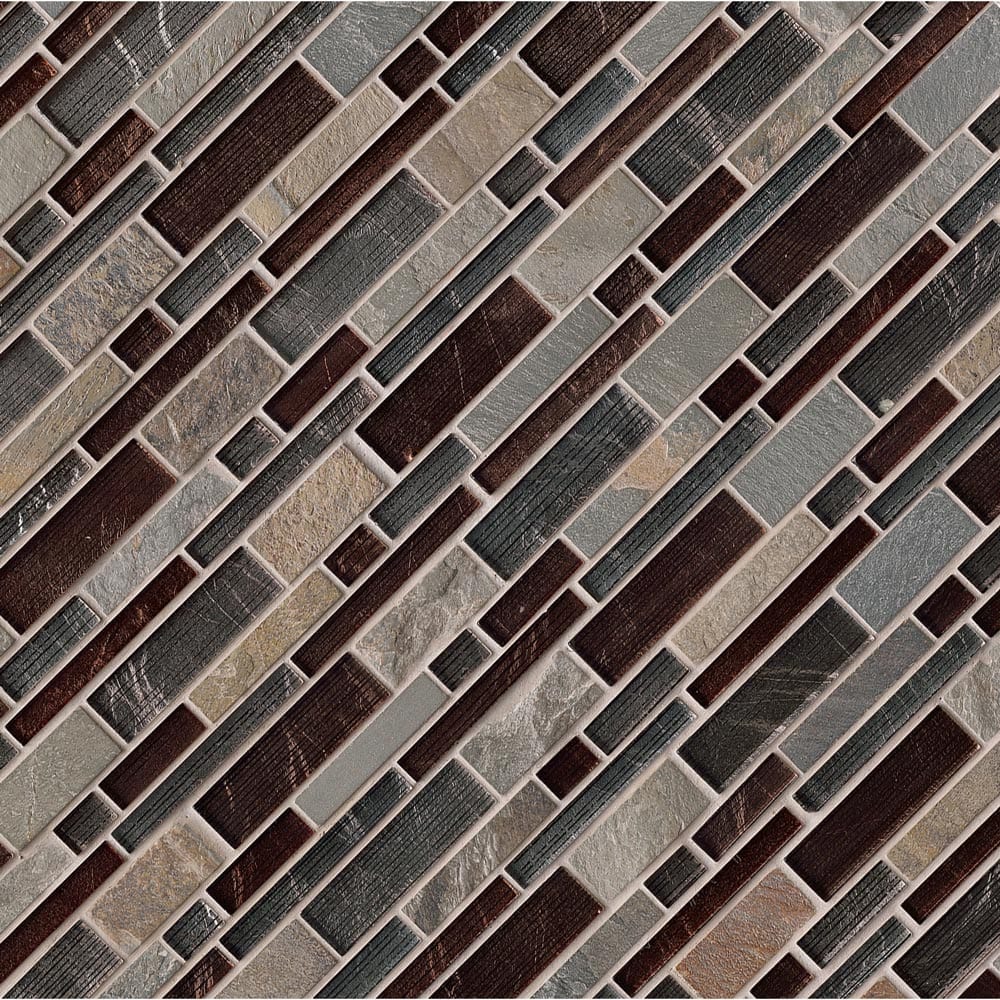 Urbano blend interlocking 12X12 glass stone mesh mounted mosaic tile SMOT-SGLSIL-URB8MM product shot multiple tiles angle view