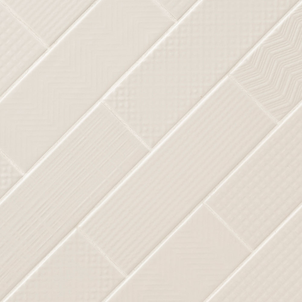 Urbano crema 3d mix glazed ceramic white textured subway tile 4x12 glossy NURBCREMIX4X12 product shot angle view