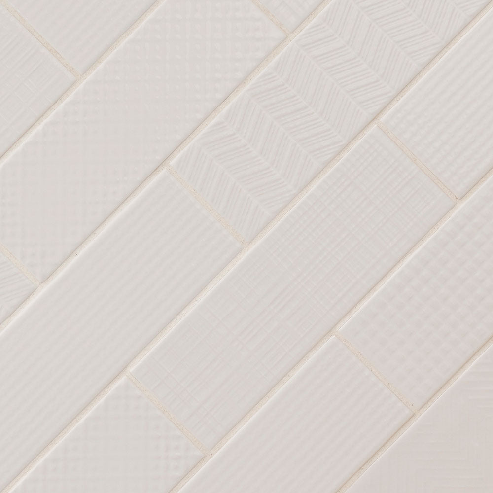 Urbano pure 3d mix ceramic white textured subway tile 4_x12_ glossy  NURBPURMIX4X12 product shot angle view