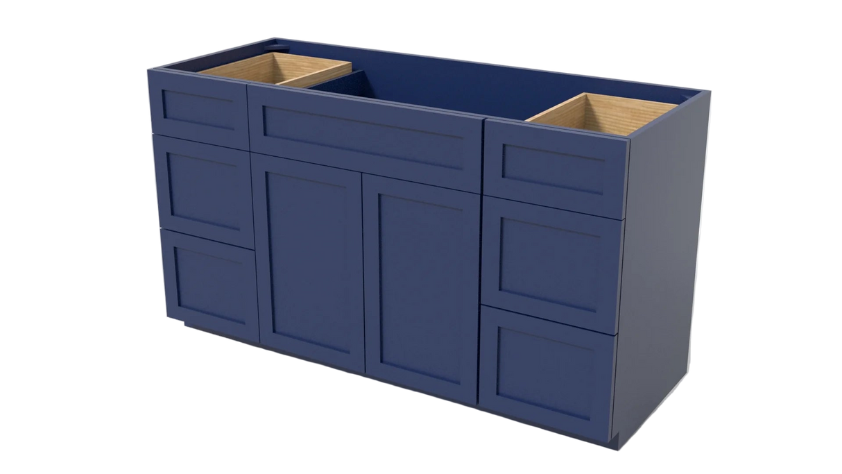 Blue kitchen cabinet with two sinks on a white background