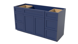 Blue kitchen cabinet with two sinks on a white background