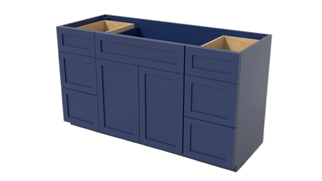 Blue kitchen cabinet with two sinks on a white background