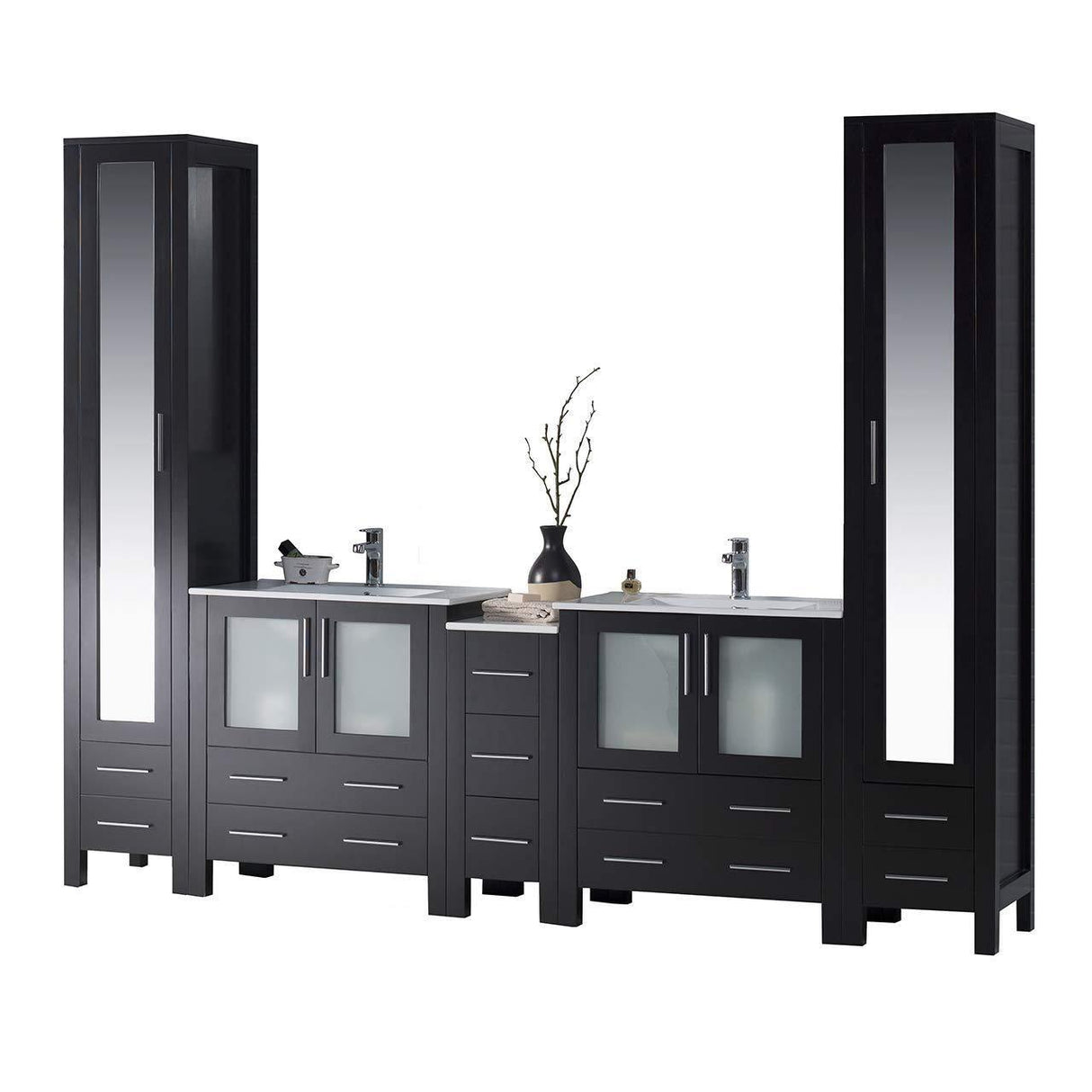 Sydney 102" Double Vanity, Ceramic Vessel Sink, Mirror, Linen Cabinet
