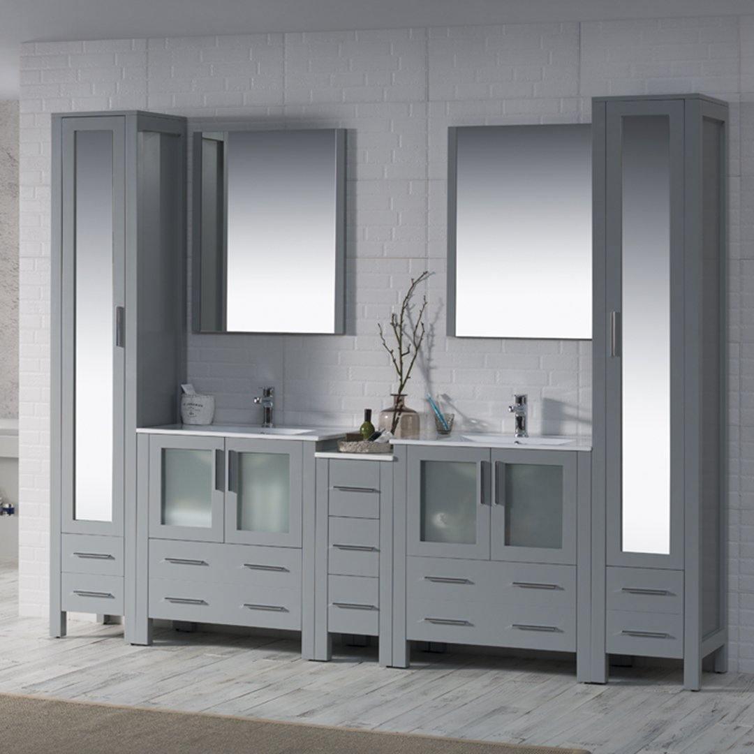 Sydney 102" Double Vanity, Ceramic Vessel Sink, Mirror, Linen Cabinet