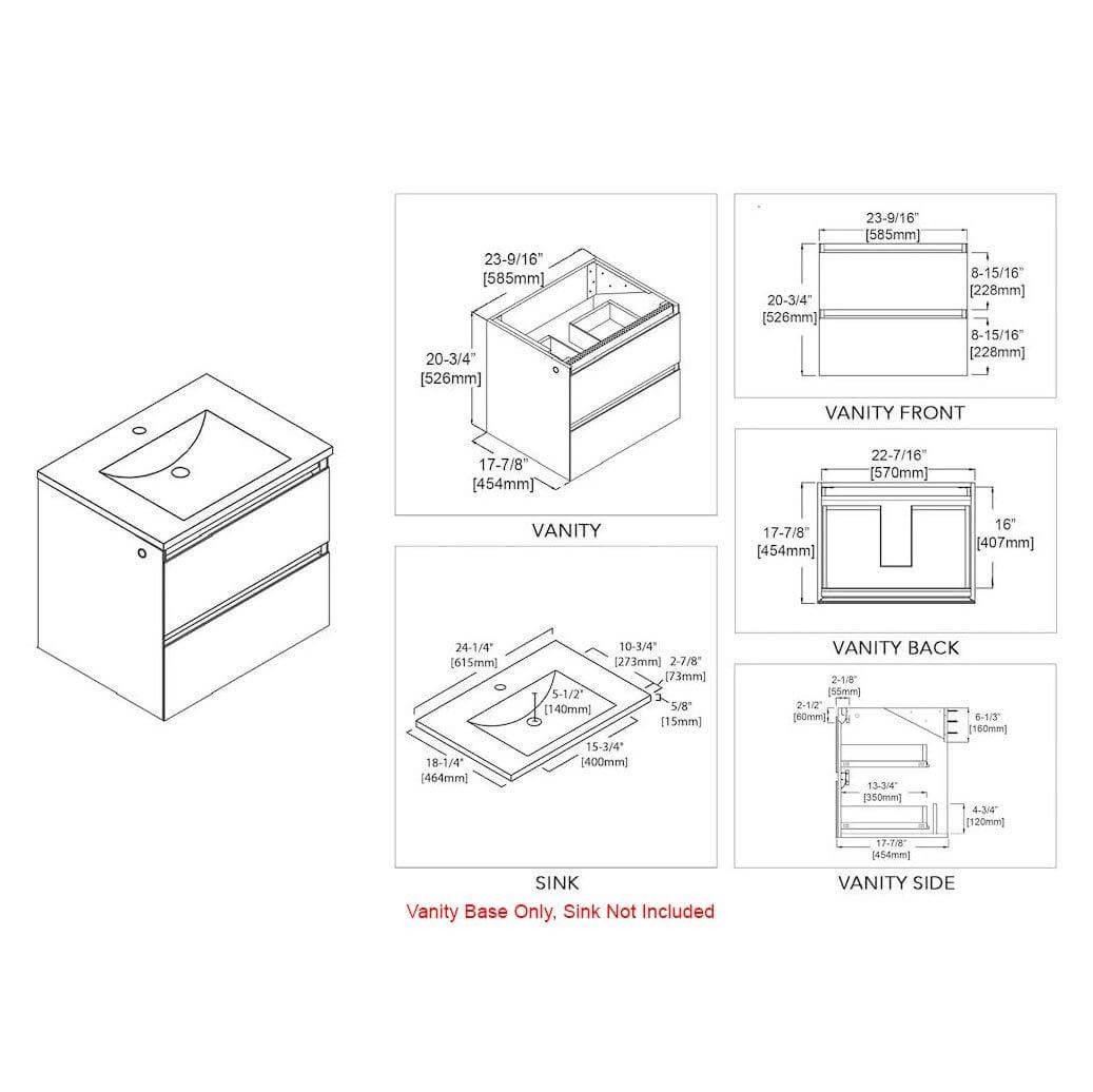 Jena 24" Vanity Base in Calacatta White / Light Grey with Ceramic / Acrylic Sink