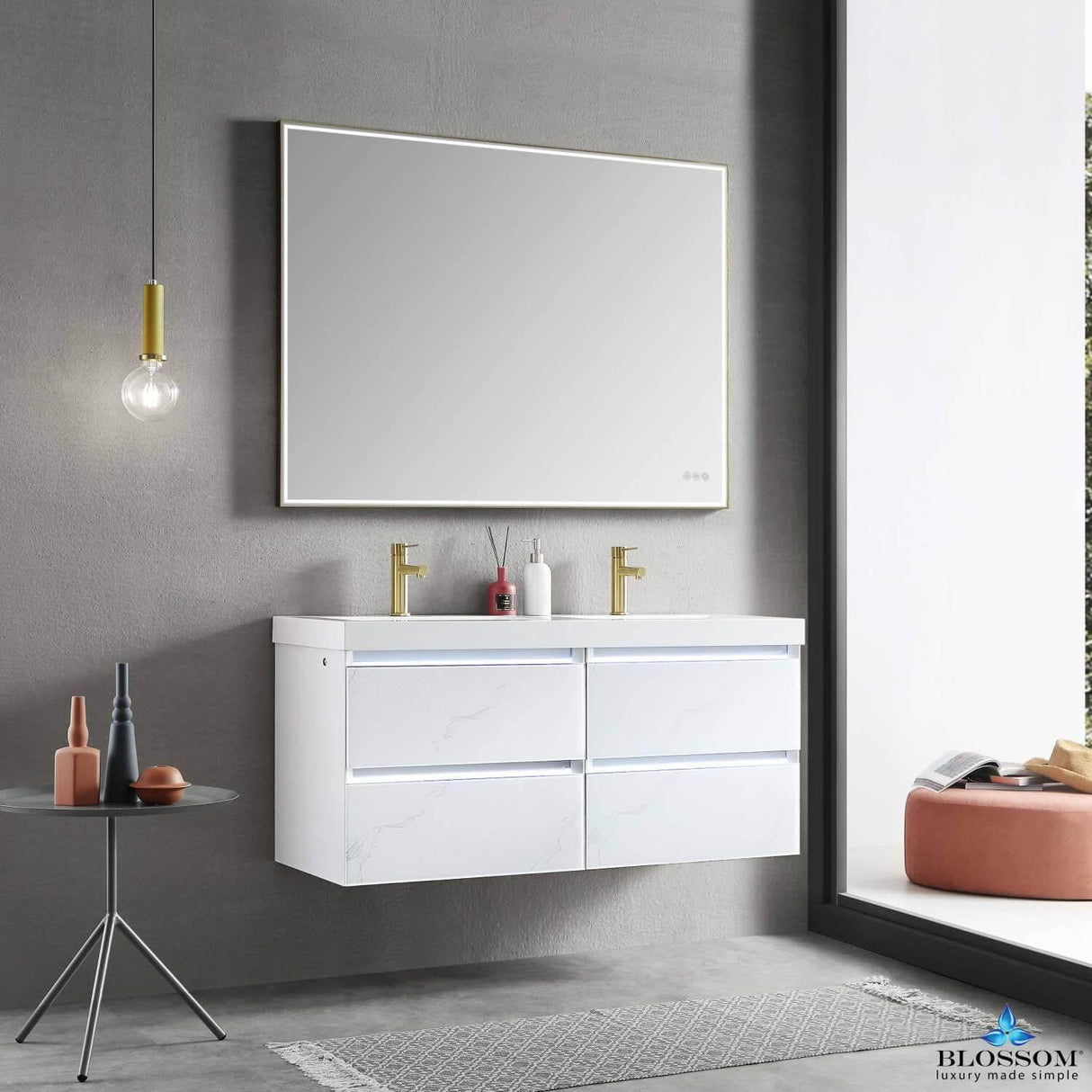 Jena 48" Vanity Base in Calacatta White / Light Grey with Ceramic / Acrylic Double Sinks