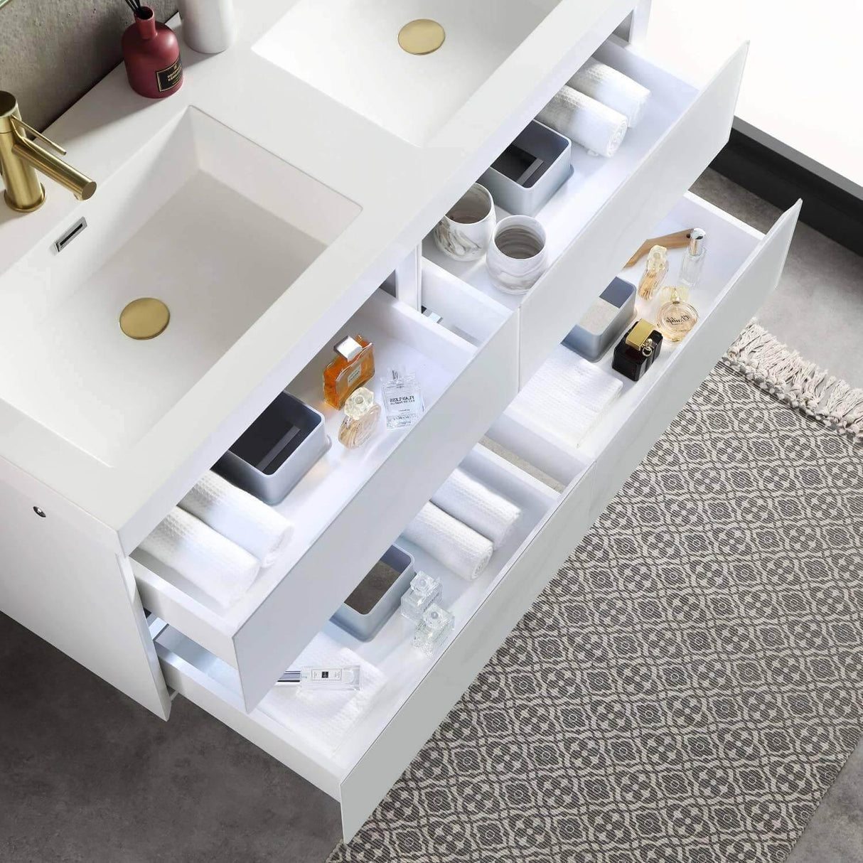 Jena 48" Vanity Base in Calacatta White / Light Grey with Ceramic / Acrylic Double Sinks