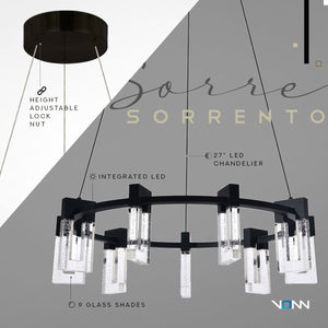 VONN Artisan Sorrento VAC3139BL 27" 9-Light ETL Cert Integrated LED Pendant, Height Adjustable Chandelier, Black