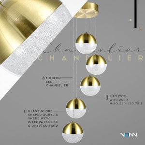 VONN Artisan Ravello VAC3285BRS 5-Light Integrated LED ETL Certified Pendant Height Adjustable Chandelier, Brass