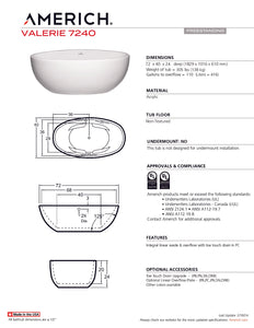 Americh VA7240T-WH Valerie 7240 - Tub Only - White