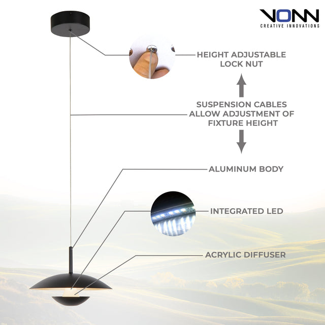 VONN Artisan Rimini VAP2261BL 10" Integrated LED ETL Certified Pendant Lighting Fixture in Black