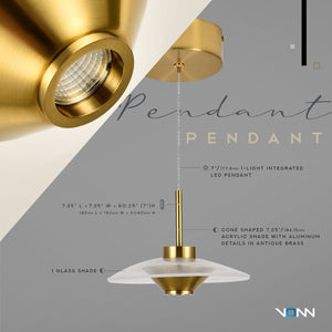 VONN Artisan Ferrara VAP2321AB 7" Integrated LED ETL Certified Height Adjustable Pendant, Antique Brass