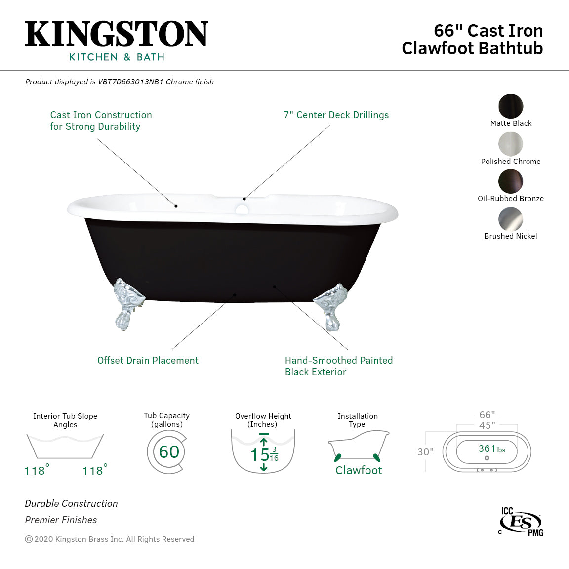 Aqua Eden VBT7D663013NB0 66-Inch Cast Iron Double Ended Clawfoot Tub with 7-Inch Faucet Drillings, Black/White/Matte Black